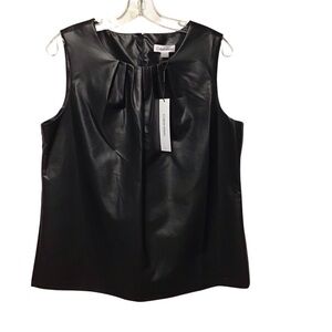 NWT Calvin Klein Faux Leather Pleat Neck Sleeveless Top Women's L Black Button